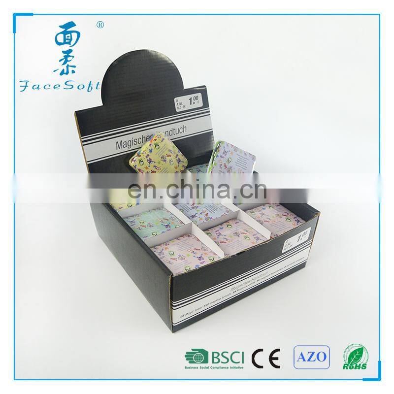AZO dyes eco-friendly terry fabric super magic compressed facecloth mini towel in display box packs