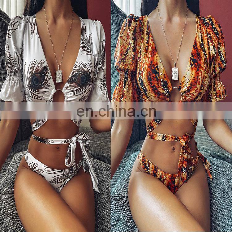 Short sleeved leopard print bikini hot sell swimsuit separated beachwear