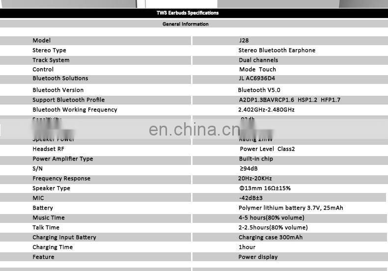 2021 wholesales acoustics J28 wireless earbuds stereo hifi earphone earpiece headphone with charging box