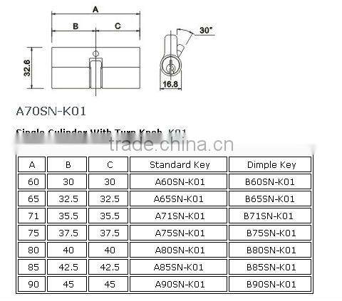 70mm euro profile brass standard cylinder with turn knob