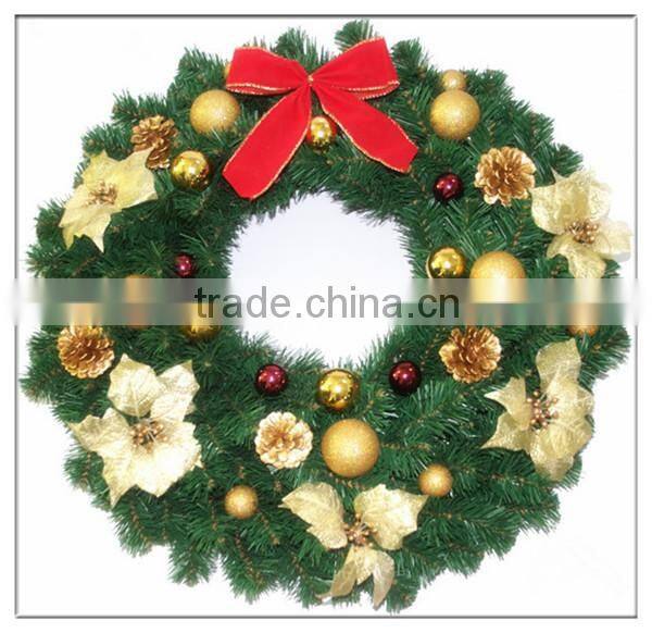 24 inch Decorated Red /Yellow/White Pine Sprinkle PET Wreath With Christmas Oranments