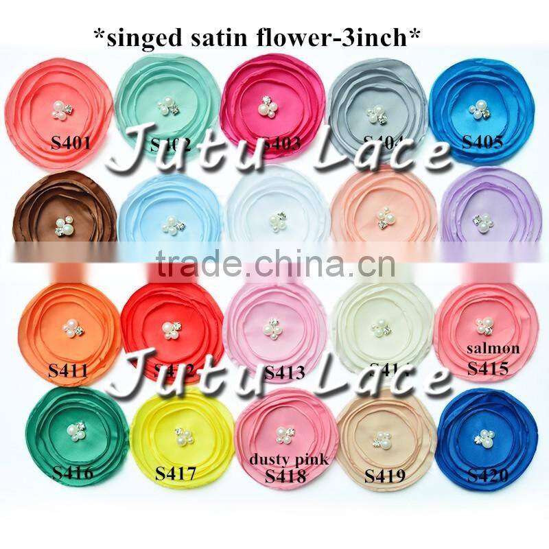 Lavender/hot pink/aqua/red fabric flower - shabby flower with 2 small pearl and 2 small rhinestone centre