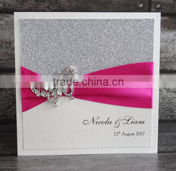 glitter paper butterfly brooch luxury handmade fuchsia pink wedding invitation cards