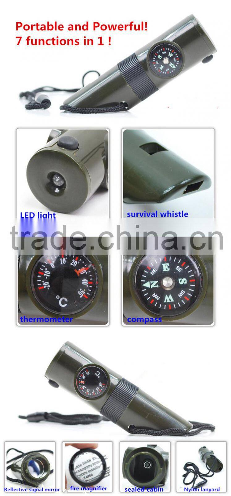 outdoor 7 in 1 multi functional survival emergency training whistle with compass LED light thermometer
