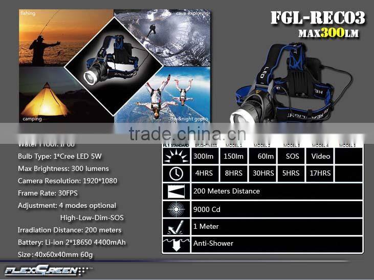 Aluminum rechargeable 2x18650 sport 5w led camera headlamp