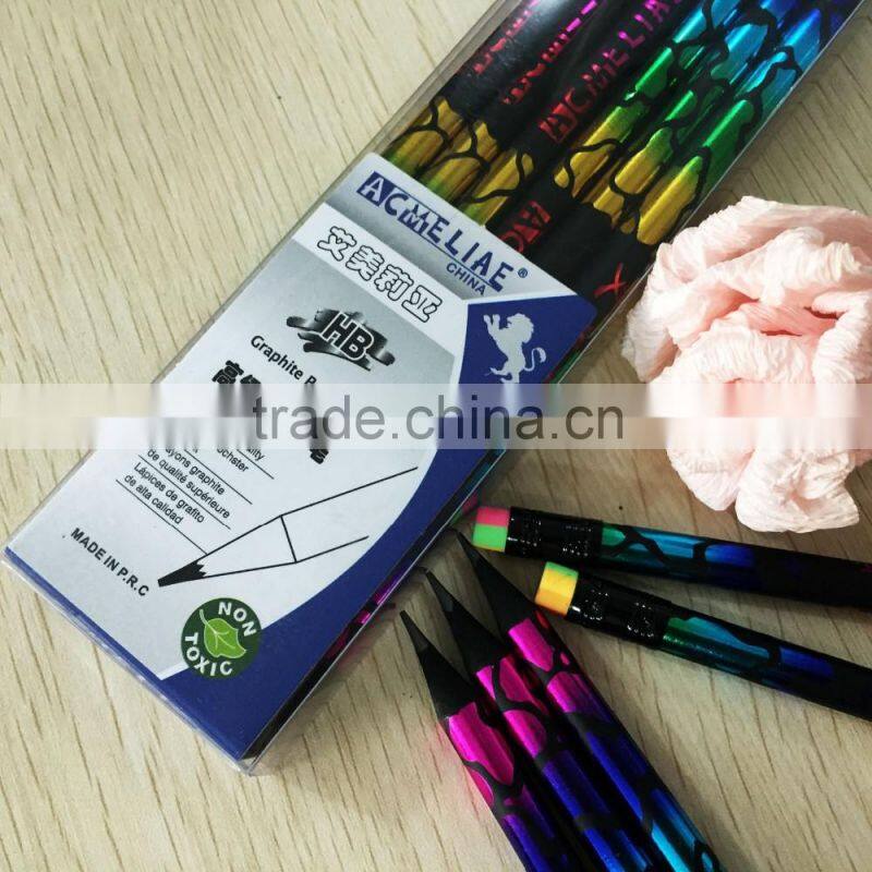 Standard size round shape black wood heat rolling rainbow laser HB pencil sharpened with rainbow eraser