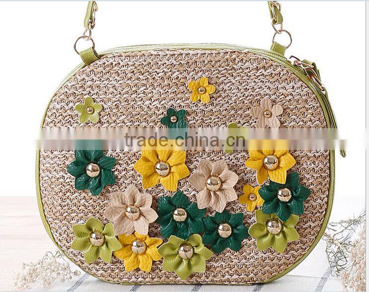 2016 Ladies Paper straw with flower lady straw basket beach bag with string