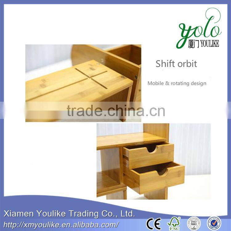 Mobile rotating design desk organizer Bamboo office Desk Organizer book rack with drawers