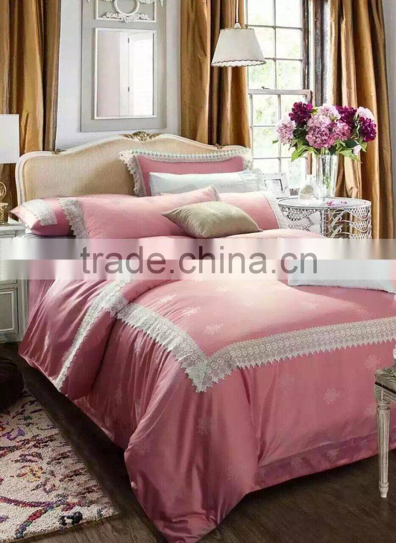 Solid color pink color bedding set bed cover set with lace