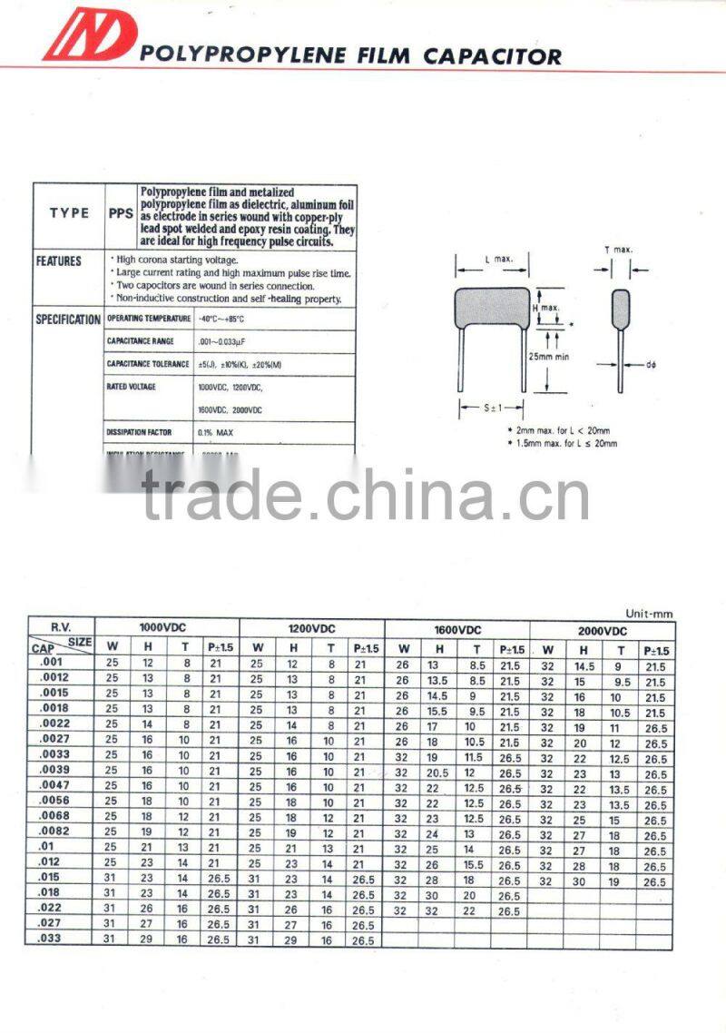 Taichung Taiwan Dain high quality polypropylene film capacitors 1kv