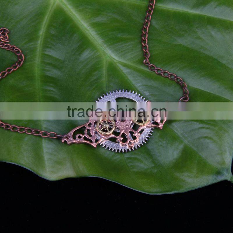 New design steampunk gear bat pendant statement necklace 2015 yiwu fashion imitation jewelry hot sale