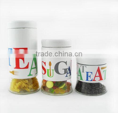 practical cylinder glass honey letter jar with metal decal coating TP12104