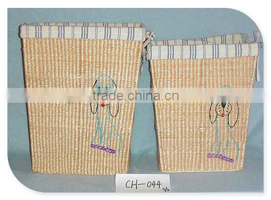 wheat straw storage basket with animal pattern and stripe liner