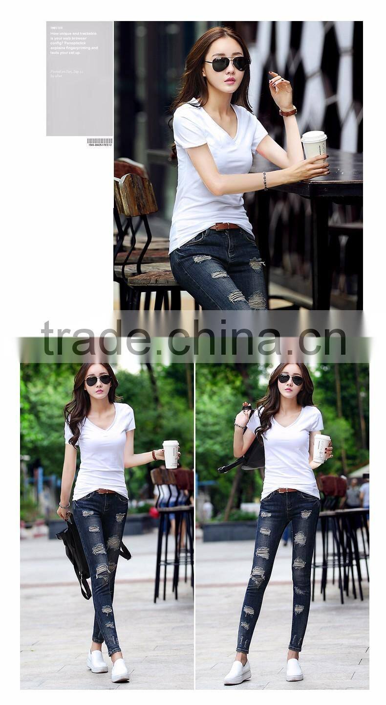 Customized manufactorying pure V neck short-sleeve ladies T shirt