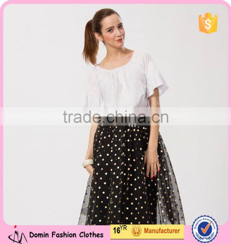 Woman Charming Lady Fashion Black Mesh Skirt with Golden Foil