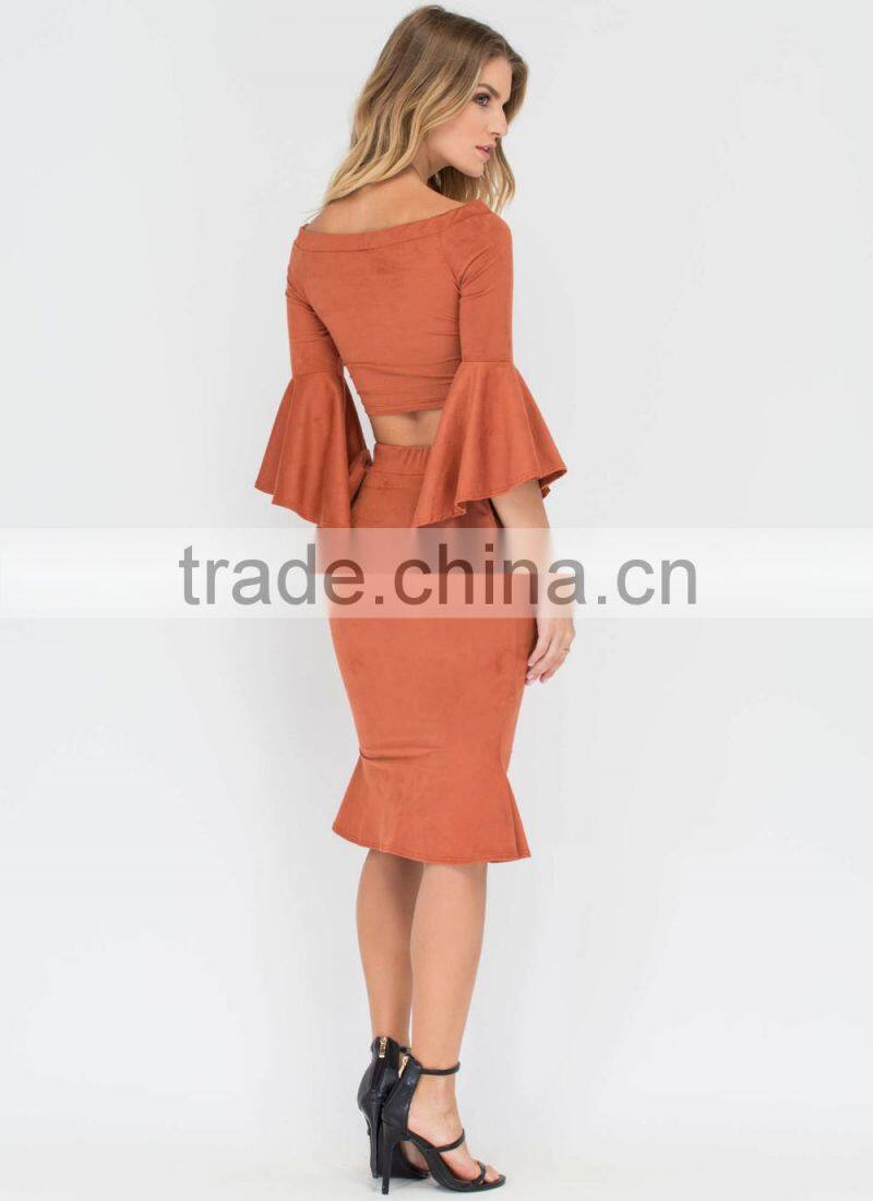 Ladies designer skirt suits off shoulder flared sleeve crop top and tight fishtail skirt