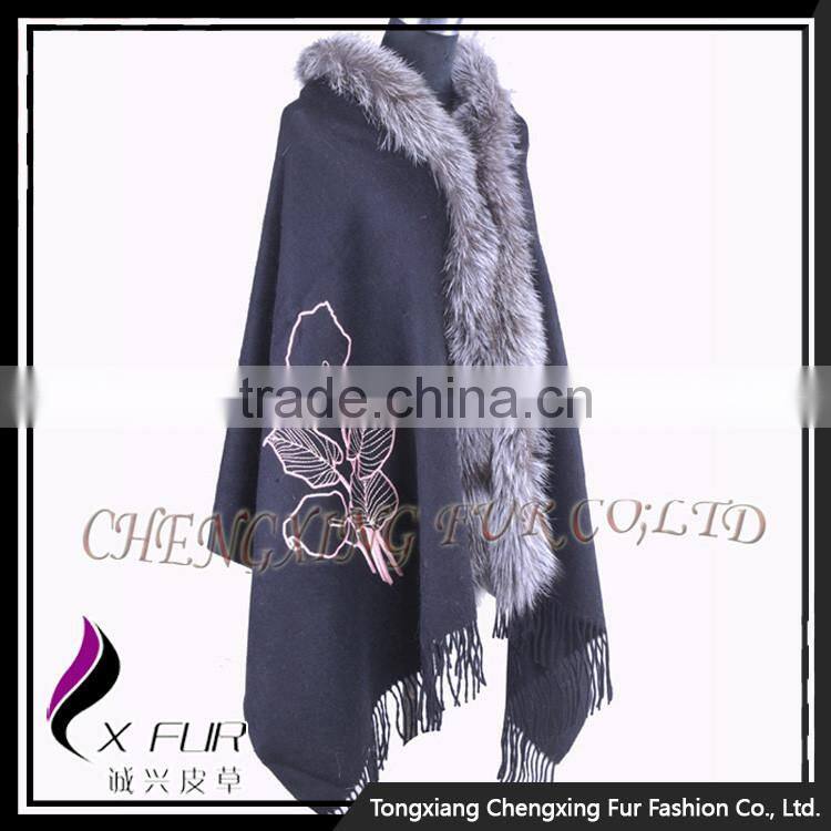 CX-B-P-51 High Quality Factory Price Fox Fur Trimmed Pashmina Special Cashmere Scarf