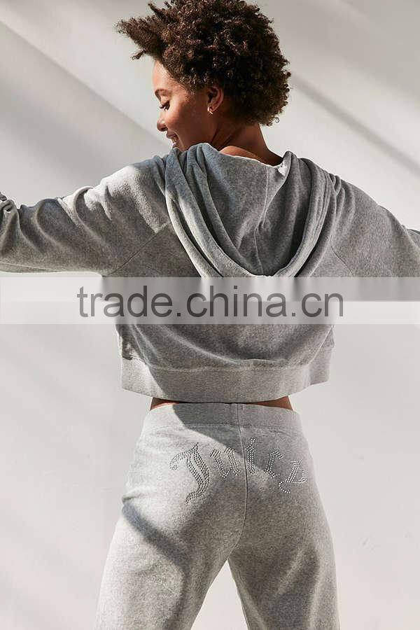 Grey Cropped Zip Hoodie Jacket Printing Long Sleeve 100% Cotton Terry Sweatshirt Loose Women's Hoody Sportswear