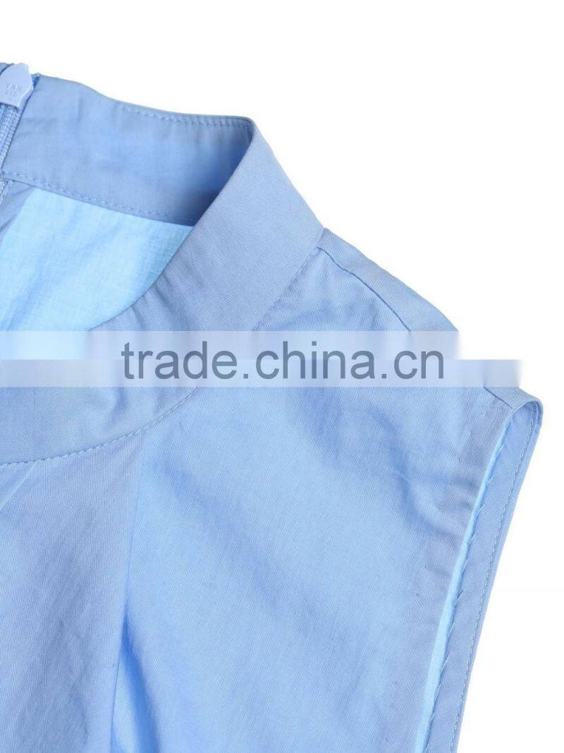 Ladies office sleeveless cotton blue O-neck blouse/shirt tops with back zipper-up