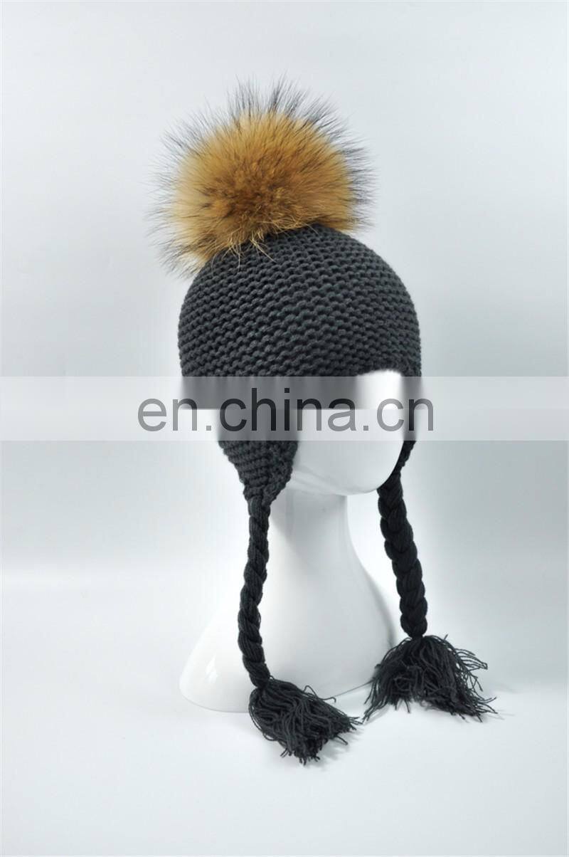 High Quality Knitted Beanies Colorful Big Raccoon Fur Pom Pom Winter Hat Beanie Kids