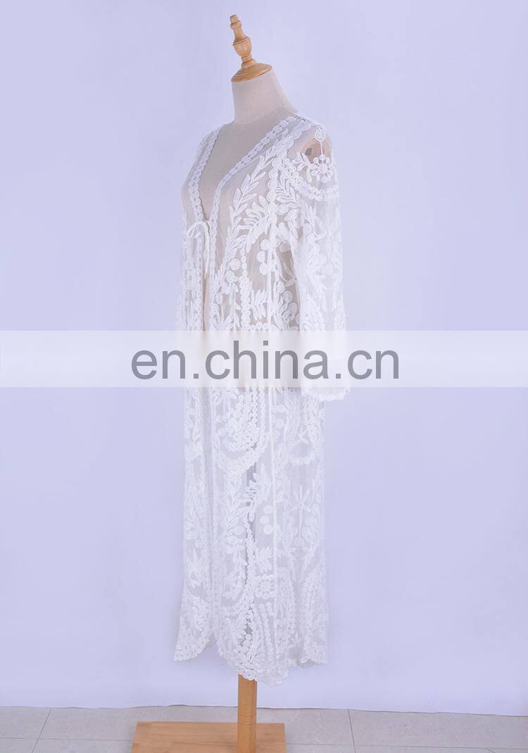 Sexy See Through Three Quarter Sleeve Long Kimono Cardigan Plus Size Women Beachwear Tops And Blouse Shirts Lace Pareo