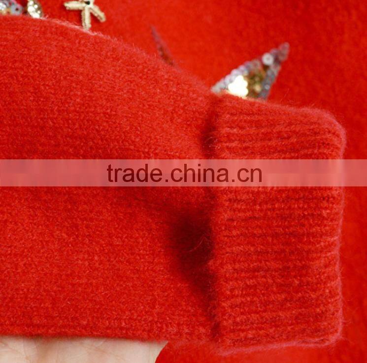 Red knitting wear lady paillette sewes 100% wool christmas sweater pullover