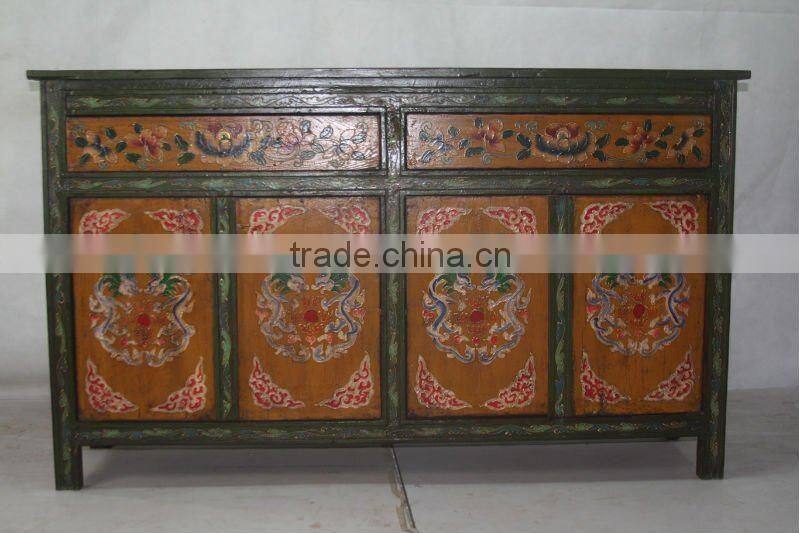 Chinese antique four drawer four door Tibet Cabinet with dragon painting