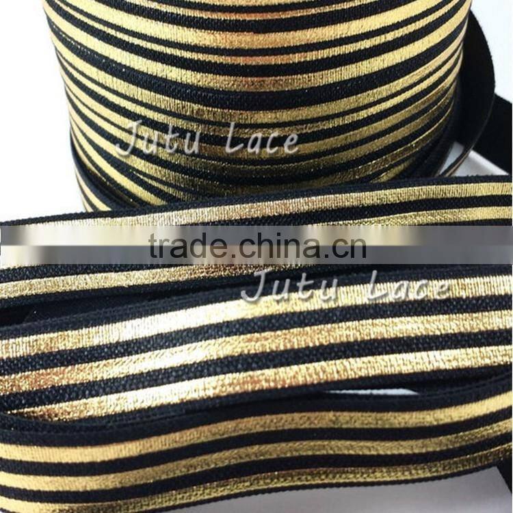 Black gold metallic stripes fold over elastic - 5/8'' Custom Printed FOE Babygirls Headbands elastic by the yard