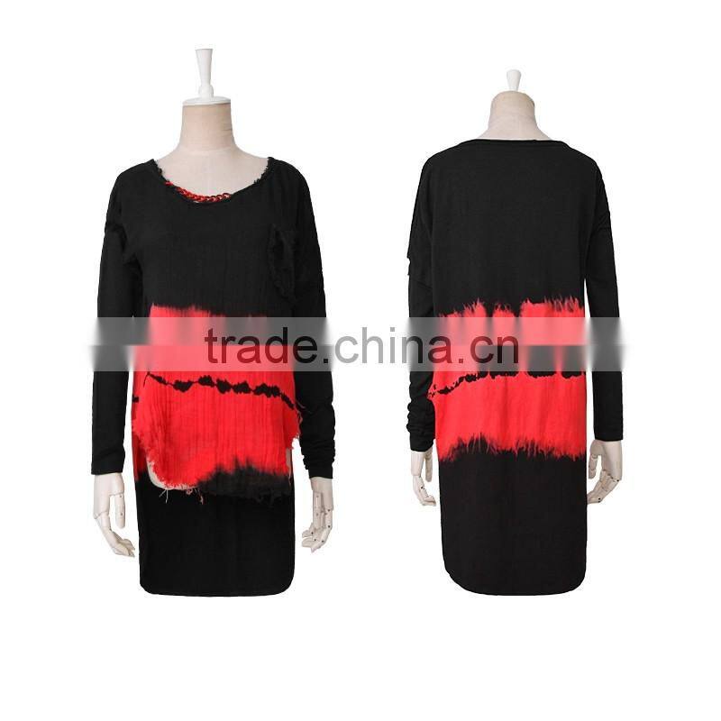 PT-042 black and red color V-neck one shoulder high-low hemline T-shirt