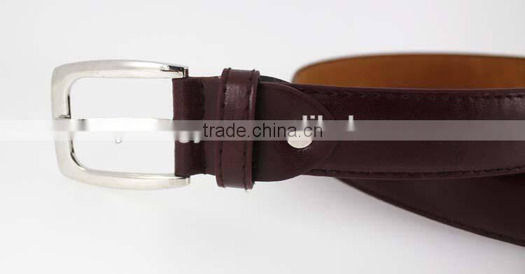 Sample style thin brown pu leather man belt for jeans with shiny silver metal square accessories in YiWu