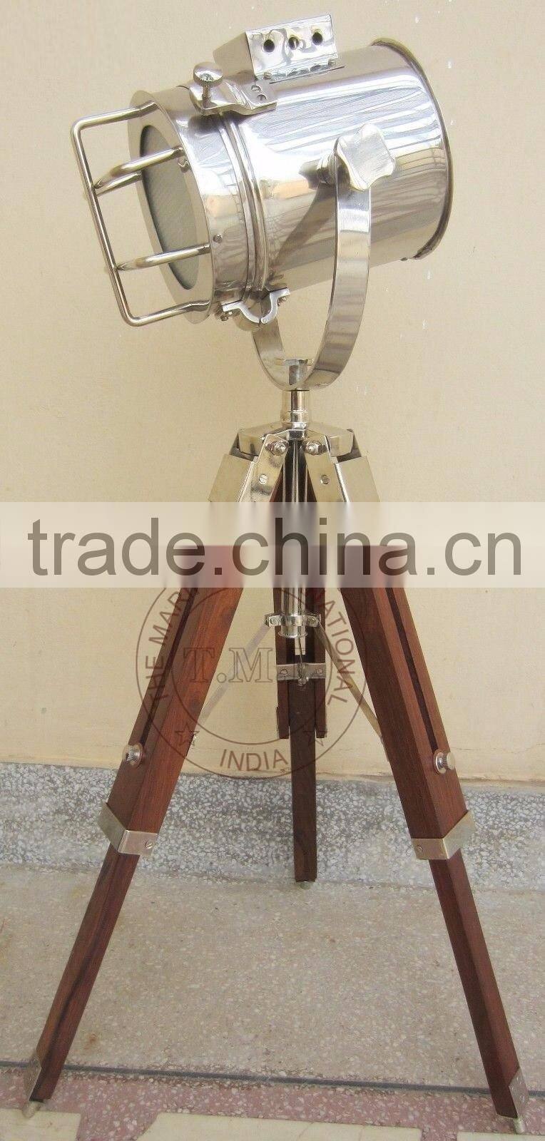 SPOTLIGHT WITH WOODEN TRIPOD STAND - SEARCHLIGHT WITH WOODEN STAND - NAUTICAL SPOTLIGHT