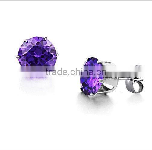 2013 hot selling cz stone earrings purple colored stone stud earrings