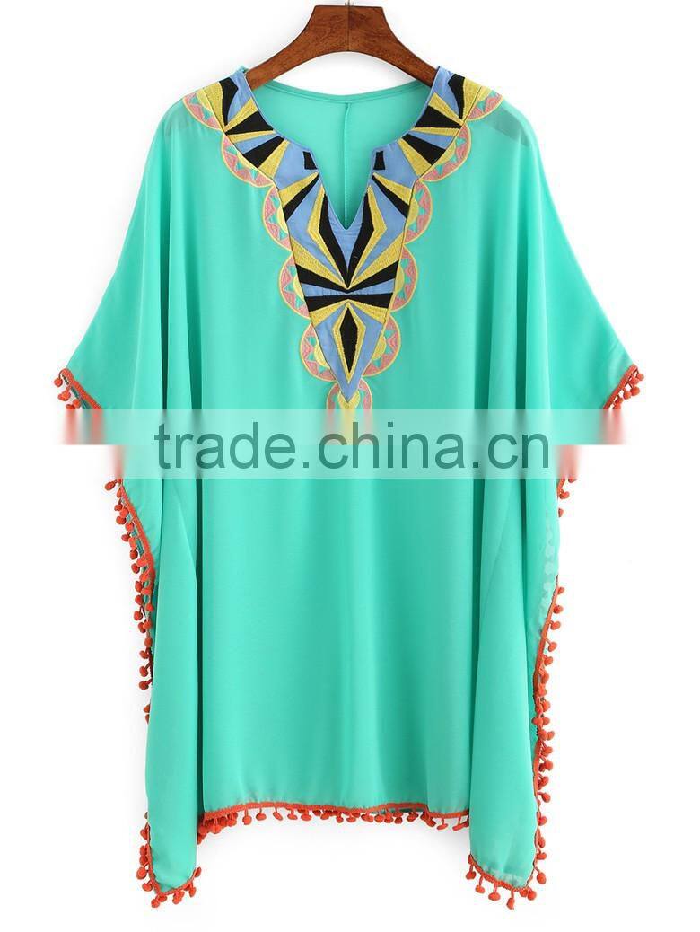 2016 fashion design embroidery lace trimming chiffon casual kaftan top, beach kaftan SY1604
