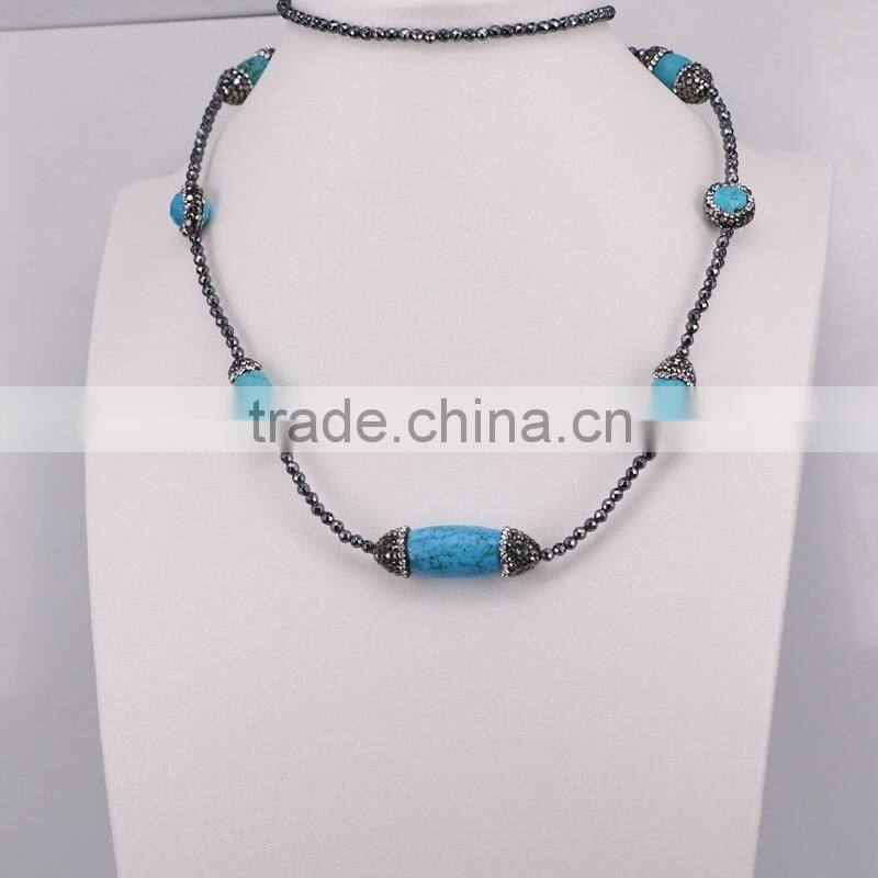 Charm Carved Shell Gem Necklace, with 3mm Black Hematite Beads Necklace, Pendant Druzy Natural Stone Necklace