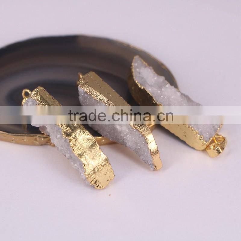 Druzy Quartz Stone Pendant Gold Plated Edged Horn Pendant Jewelry