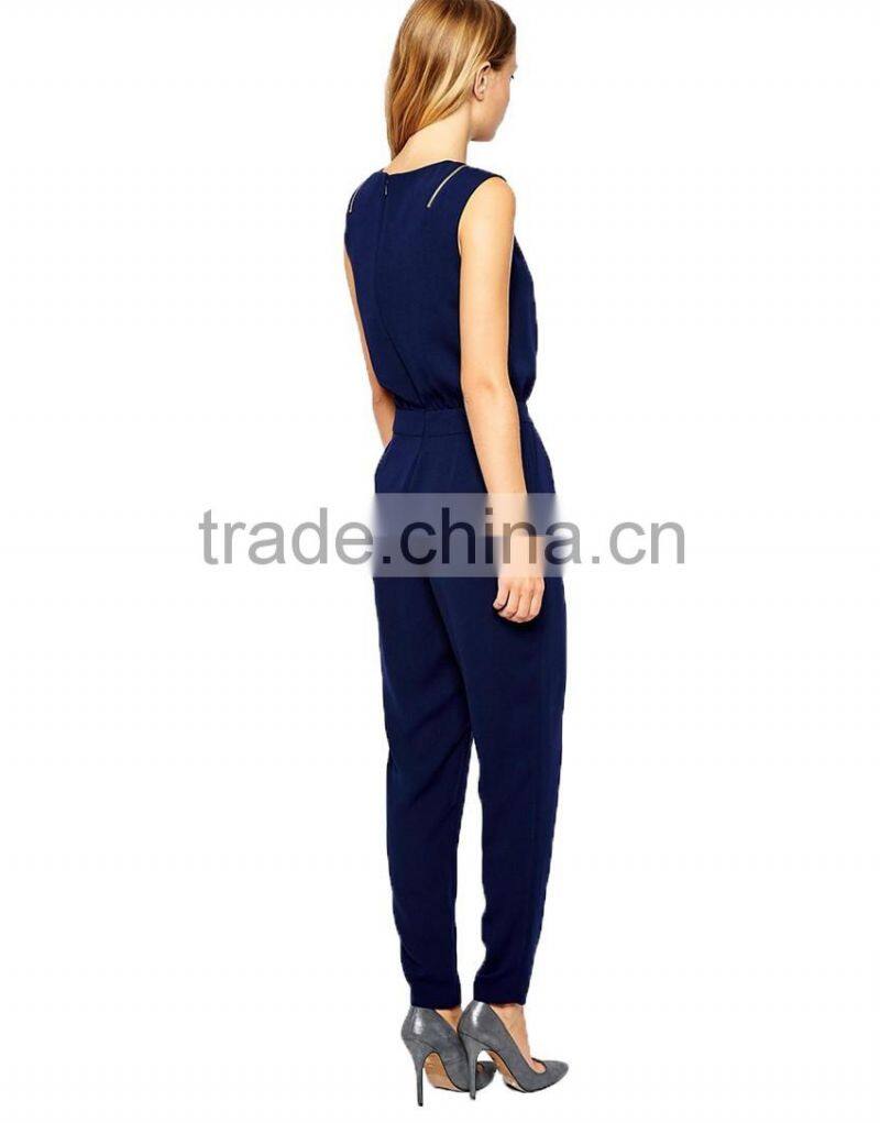Sleeveless round neckline zipper on shoulder fashional women long jumpsuit