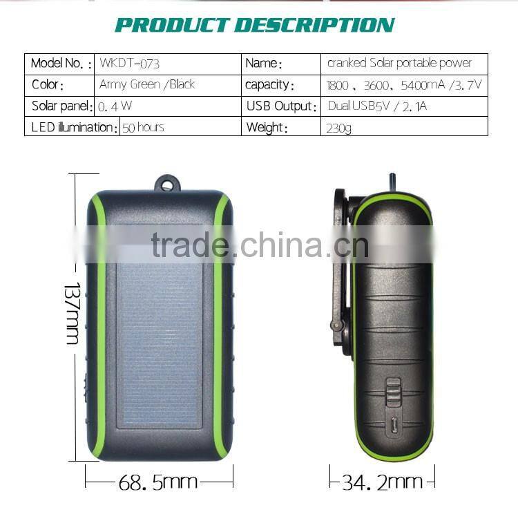 Dual USB 2.1A portable solar mobile charger in power bank, hand crank power solar charger