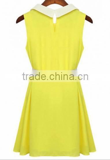 Yellow Plain Belt Turndown Collar Sleeveless Dress casual dresses for women
