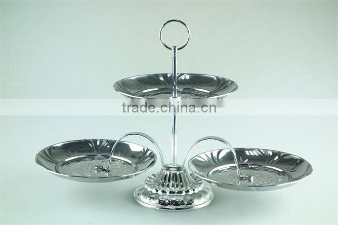 stainless steel stock ceramic three layer silver cake stand holder fruit plate