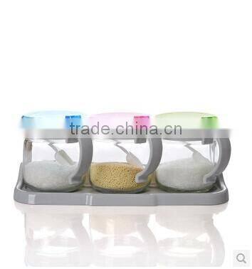 three pieces clear glass cruet set with plastic lid and plastic spoon