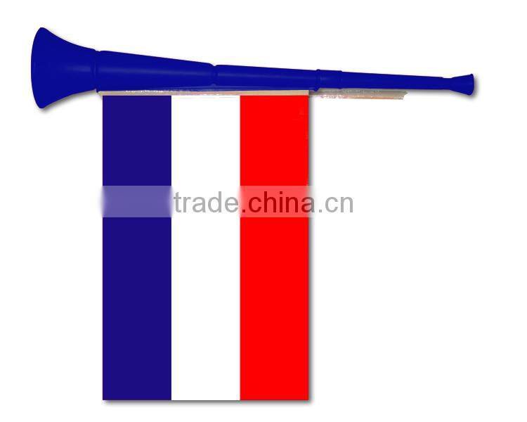 French horn, blue horn, horn with flag, cheering horn