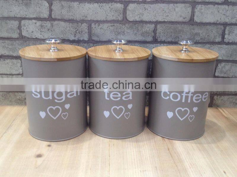 Set of 3 kitchen round metal storage canisters for tea sugar coffee
