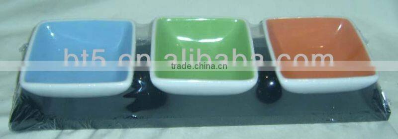 3pcs colorful ceramic tapas plate dish with wooden base