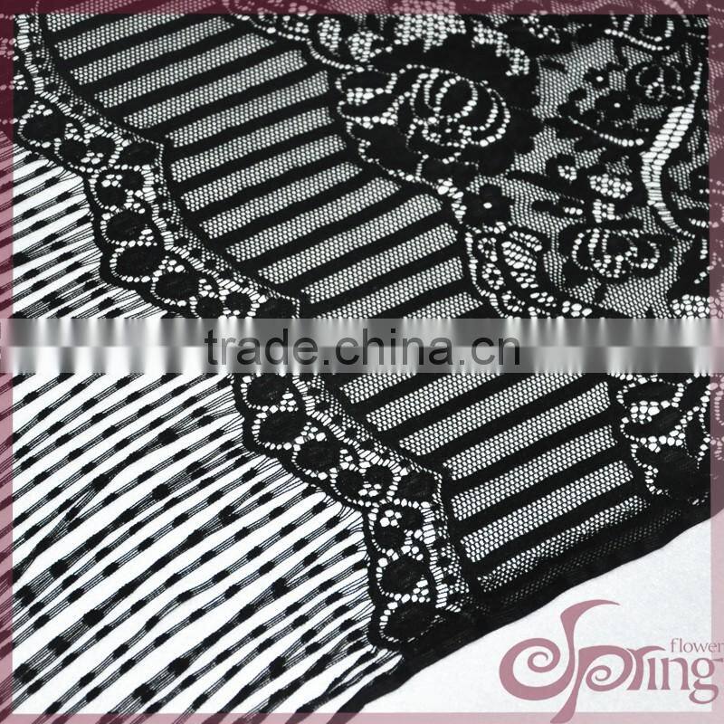 Black roset tricot fabric lace with tassel fringe, fashion swiss lace for dress