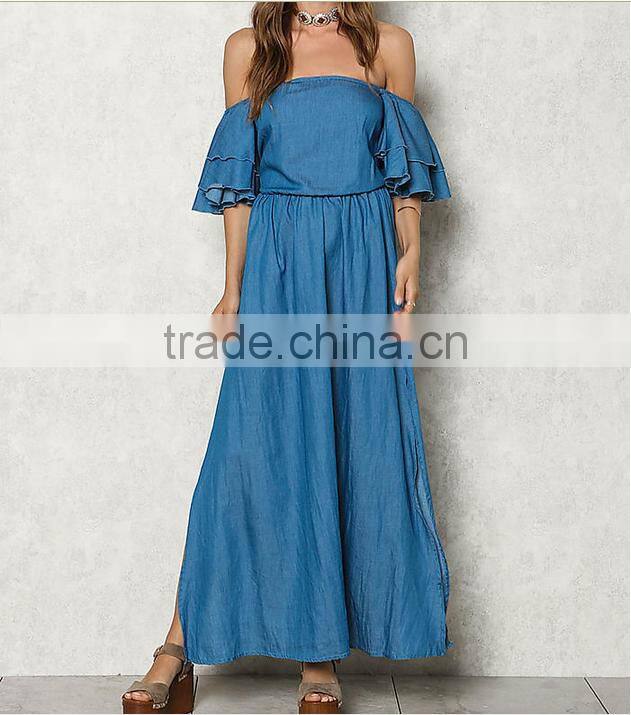 Blue Chambray Off Shoulder Bell Sleeve Maxi Denim Jeans Dress Ladies Western Dress Designs HSd5281