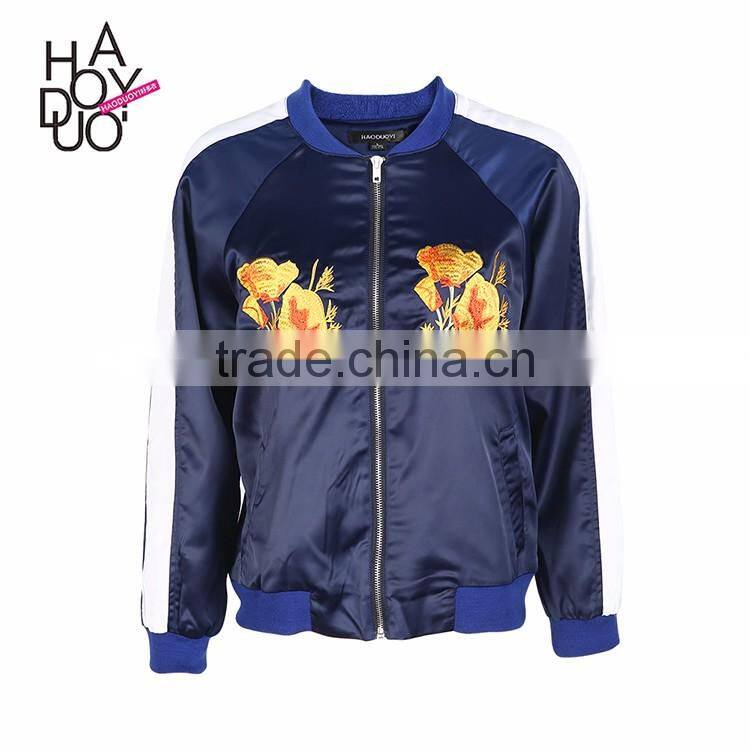 HAODUOYI Women Blue Winter Poppy Writer Bomber Jacket