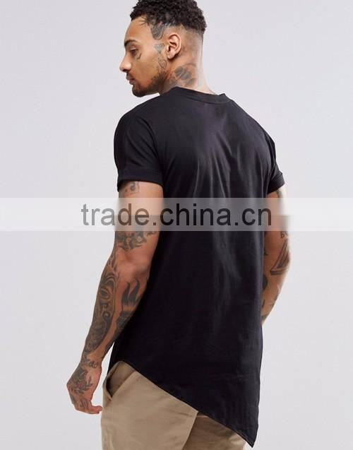 Men summer 100% cotton jersey asymetric hem plain crew neck black t-shirt wholesale OEM suppliers