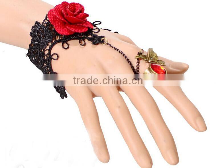 Beautiful rose charm jewelry sets lace flower bracelet wrap with diamond ring