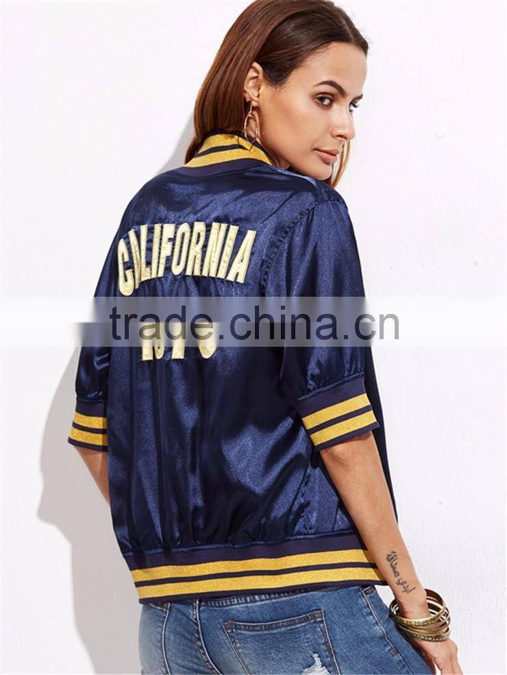 Women Custom Back Embroideried Zip Up Coat Striped Half Sleeve Satin Bomber Jacket Navy Blue