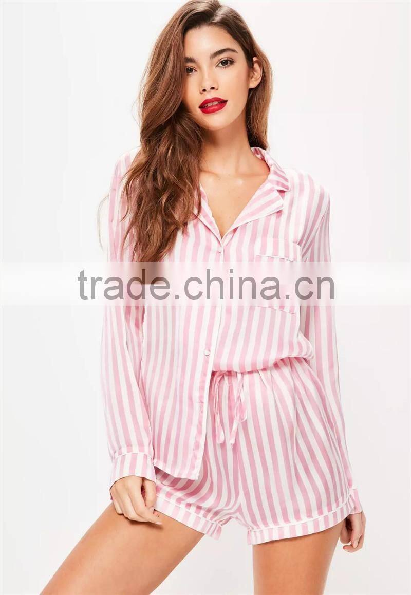 MGOO Custom Pink Stripe Satin Pyjamas High Waist Women Sleepwearing Satin All Over Print Nightwear